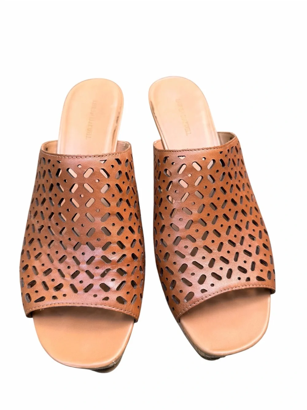 Lauren Blakwell Women’s 11 Tan Ilene Perforated Cork Wedge Slide Sandals Boho